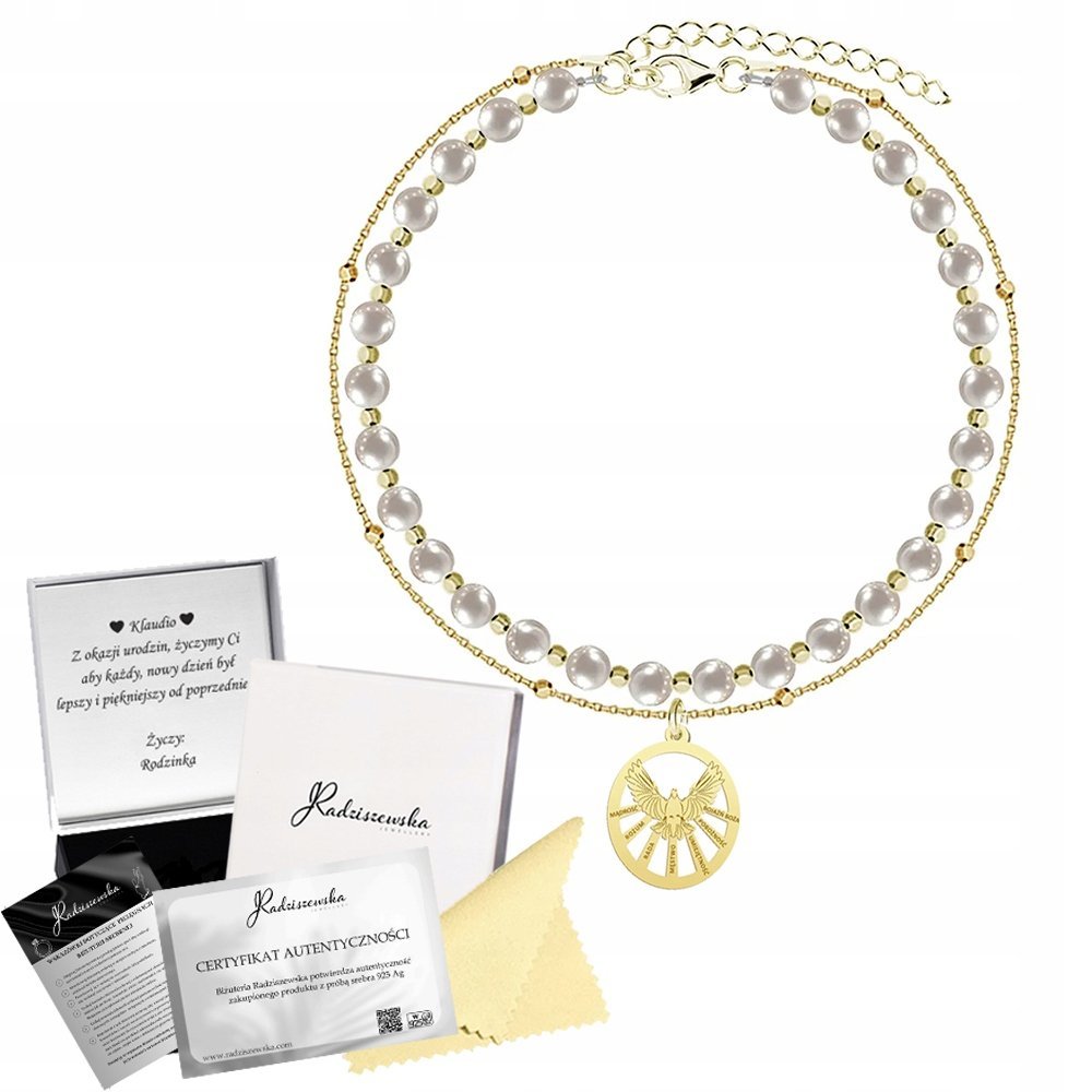 Bransoletka Pozłacana Duch Święty Perły 925 Prezent Bierzmowanie DEDYKACJA