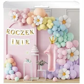 Baby shower i roczek - BALONY 1 URODZINY GIRLANDA BALONOWA KWIATKI ROCZEK IMIĘ BANER 162 ELEMENTY - miniaturka - grafika 1
