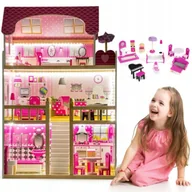 Domki dla lalek - DUŻY DOMEK DLA LALEK DREWNIANY LED 3 POZIOMY MEBELKI MEBLE PASTELOWY - miniaturka - grafika 1