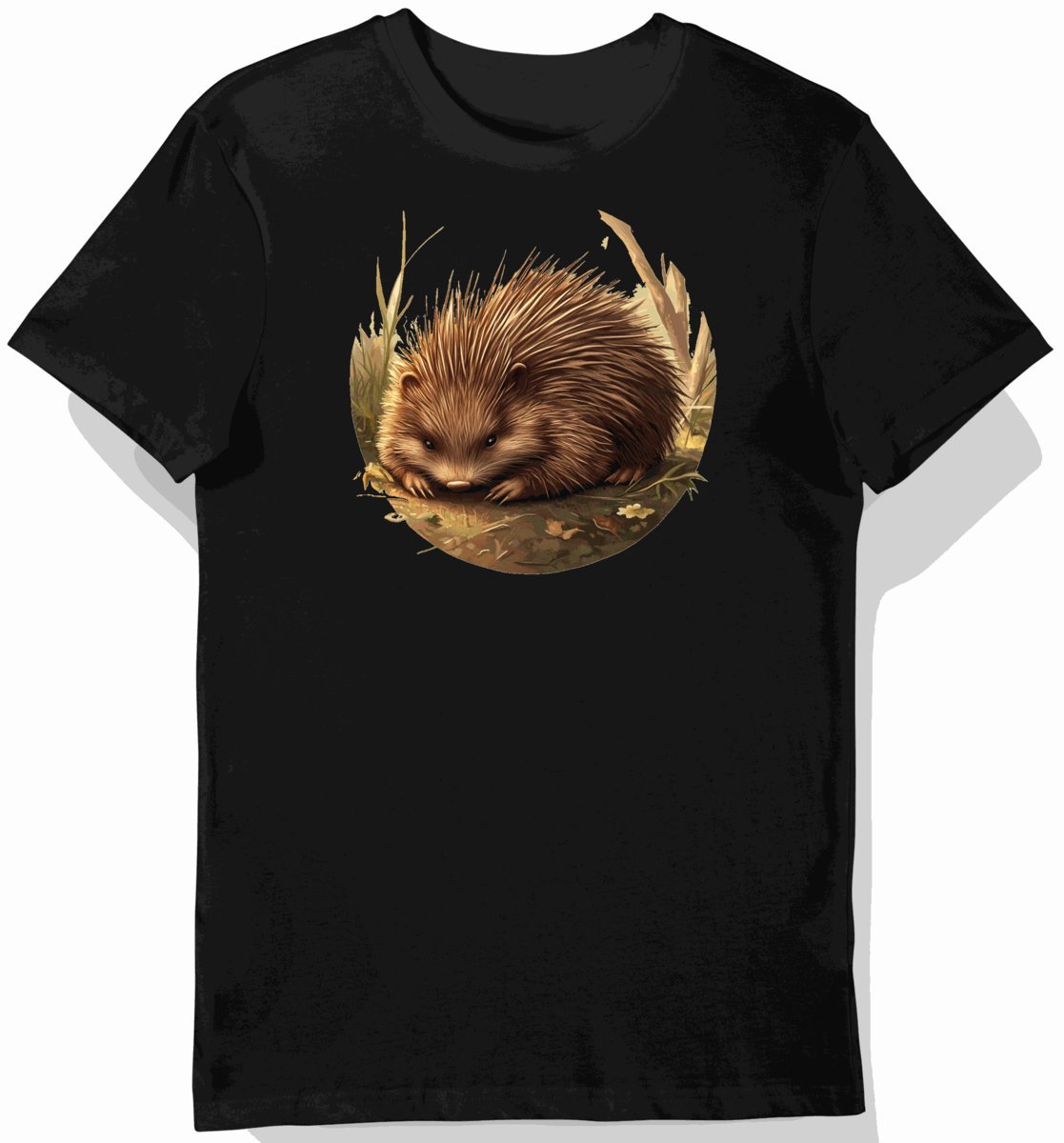 Koszulka męska czarna z motywem jeżozwierza w leśnym blasku S