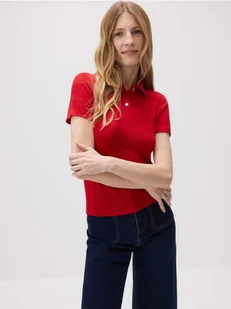 Reserved - T-shirt polo z wiskozą - czerwony - Koszulki i topy damskie - miniaturka - grafika 1