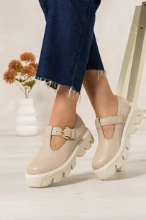 Beżowe półbuty skórzane damskie na bieżnikowanej platformie PRODUKT POLSKI Casu 20183 - Półbuty damskie - miniaturka - grafika 1