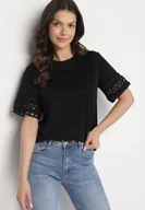 Koszulki i topy damskie - Czarny T-shirt z Bawełny Ozdobiony Ażurowym Wzorem Valreia - miniaturka - grafika 1