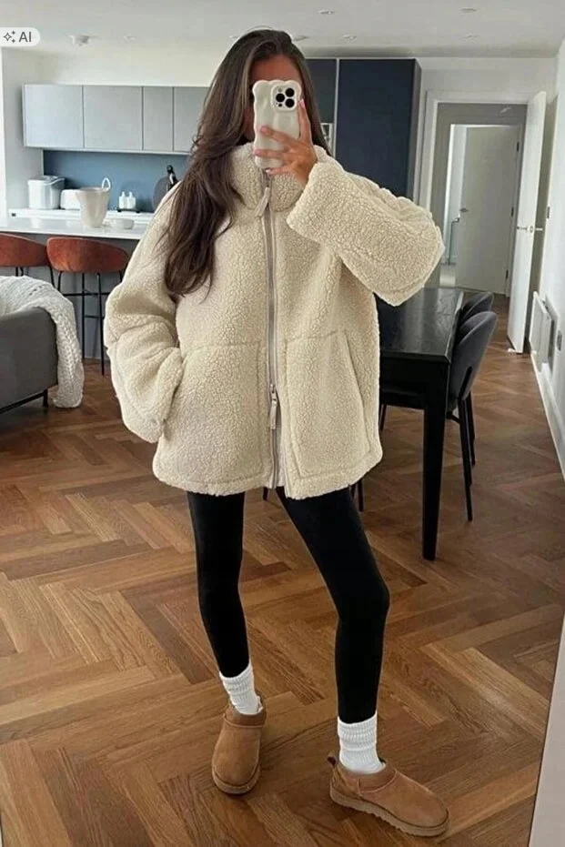 MIĘKKA KREMOWA KURTKA DAMSKA Z FUTERKIEM OVERSIZE M 5IA