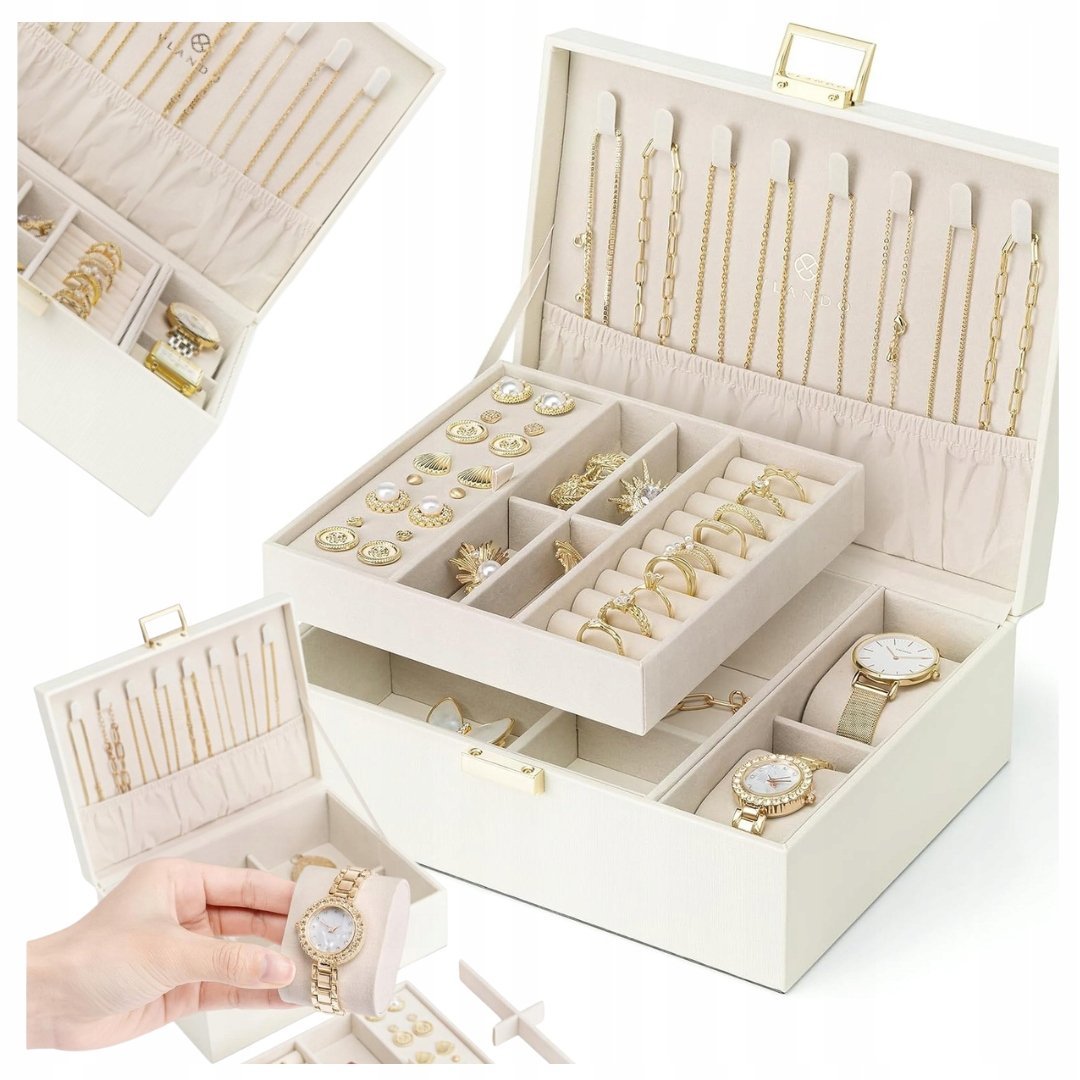 NOWOCZESNA AKSAMITNA SZKATUŁKA NA BIŻUTERIĘ 2 POZIOMY ORGANIZERY PREZENT