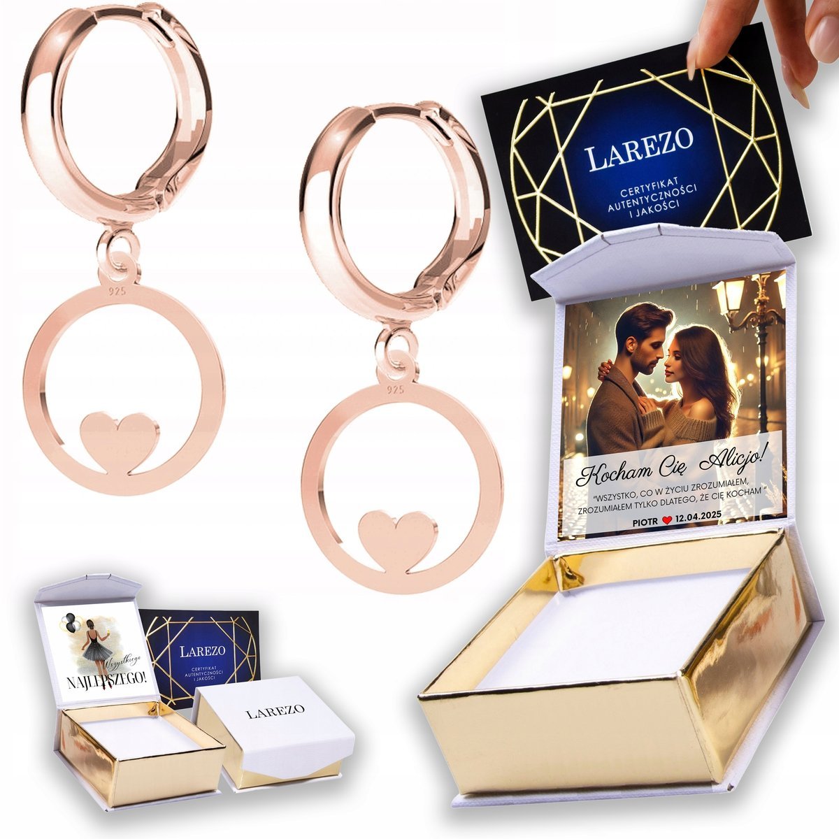 Kolczyki Pozłacane 925 Koło Kółko z Sercem Serduszkiem Serca Miłość NADRUK