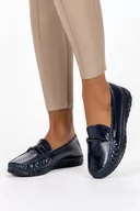 Mokasyny damskie - Granatowe mokasyny lakierowane damskie ze sprzączką skórzana wkładka Casu D23WX6-N-37 - miniaturka - grafika 1