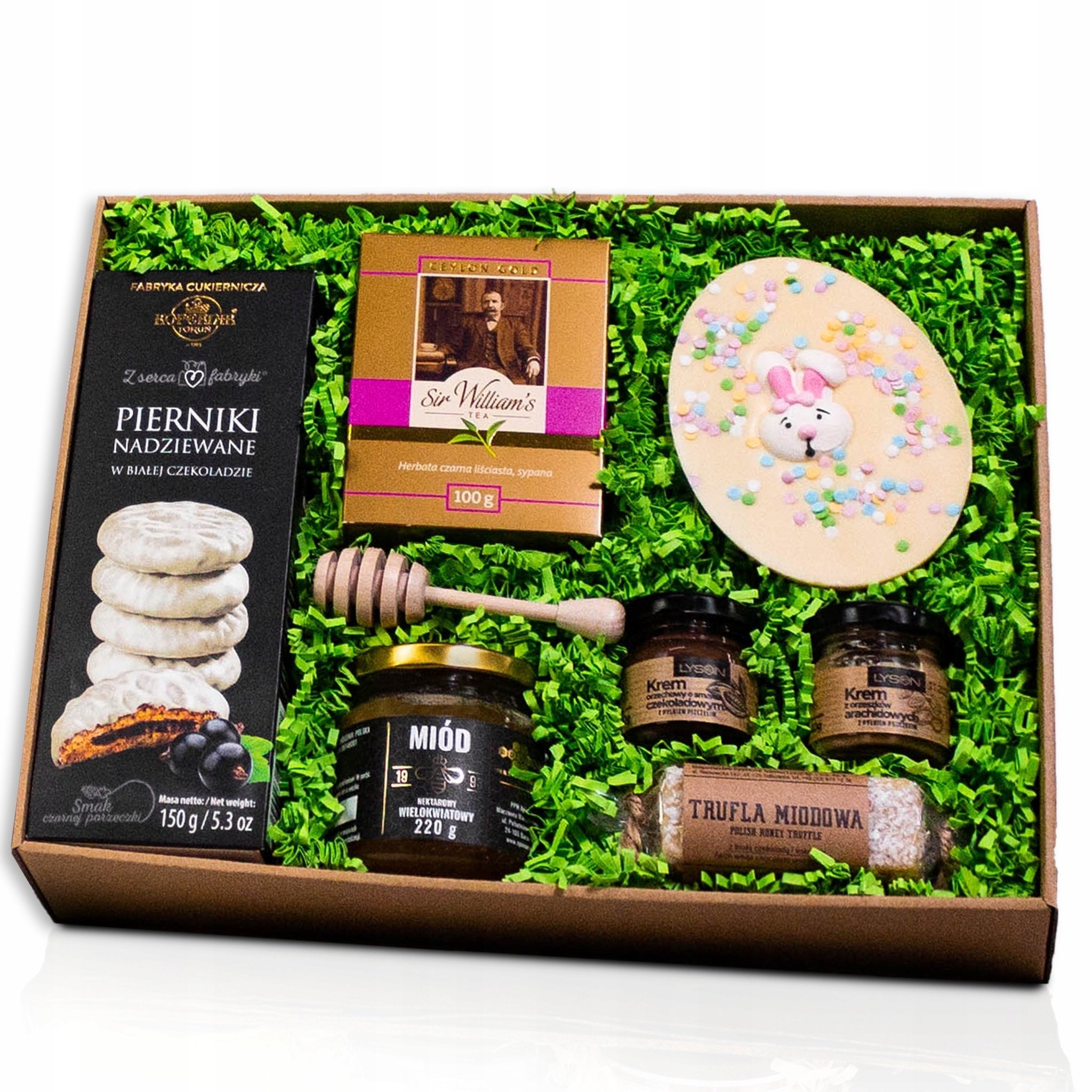Box Prezentowy kosz na Wielkanoc pierniki czekolada jajko herbata kremy