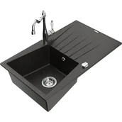 Zlewozmywaki z baterią - Mexen Cesar zlewozmywak granitowy 1-komorowy z ociekaczem i baterią kuchenną Carla, czarny/złoty metalik - miniaturka - grafika 1