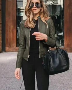 Taliowana kurtka damska ramoneska ze skóry ekologicznej - Ciemnozielony - Kurtki damskie - miniaturka - grafika 1