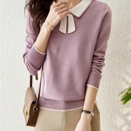 Swetry damskie - TEMU Sweter damski z długim rękawem i wiązaniem pod szyją, z dzianiny wiskozowej z blokami kolorów, z kołnierzem z klapami, średnio rozciągliwy, na - miniaturka - grafika 1