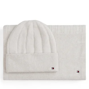 Zestaw Szalik i Czapka Tommy Hilfiger Flag Fluffy AW0AW17994 Beżowy - Czapki damskie - miniaturka - grafika 1