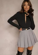 Spódnice - Szara Spódnico-Spodenki High Waist z Plisowaniem Wykończone Paskiem Eviennes - miniaturka - grafika 1