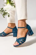 Espadryle damskie - Niebieskie sandały błyszczące na słupku damskie z zakrytą piętą pasek wokół kostki skórzana wkładka Casu ER24X22-BL-35 - miniaturka - grafika 1