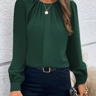 Koszule damskie - TEMU Elégantna Bluzka z Długim Rękawem w Stylu Bliskowschodnim - Jednokolorowa Koszula z Okrągłym Dekoltem i Plisowanymi Detalami, Pranie Maszynowe, - miniaturka - grafika 1