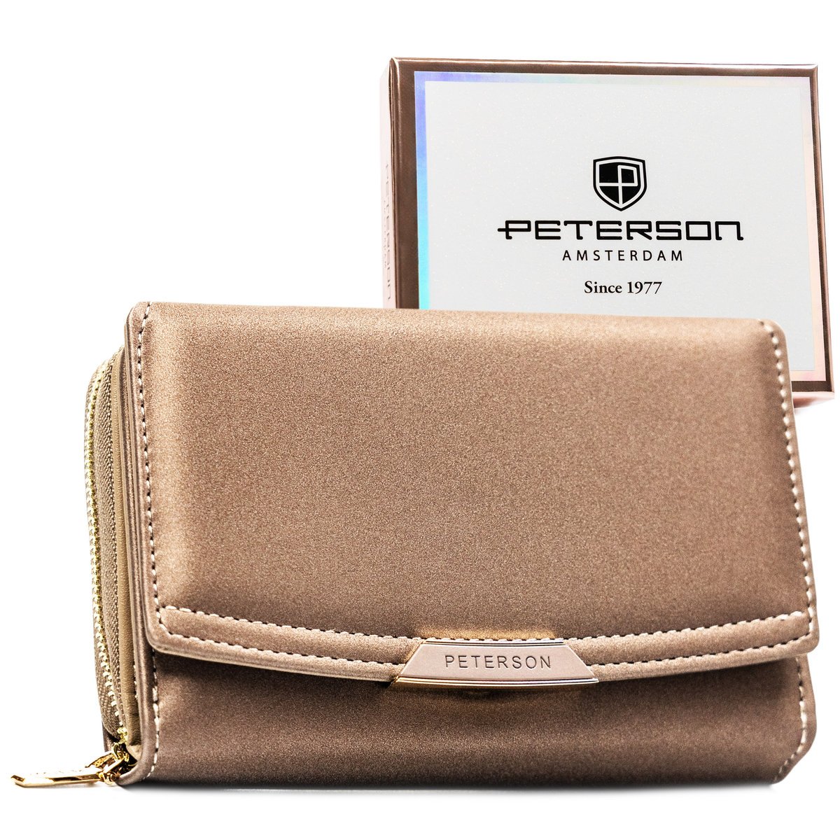 Portfel damski na zatrzask i suwak PETERSON mały elegancki pudełko na prezent ochrona kart RFID beżowy