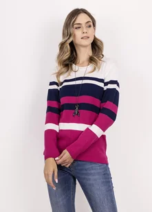 Sweter w paski z ciekawym dekoltem - SWE343 amarant/ecru/granat MKM - Swetry damskie - miniaturka - grafika 1