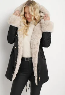 Czarno-Beżowa Kurtka Parka z Futerkiem i Kapturem Aresja - Kurtki damskie - miniaturka - grafika 1