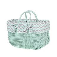 Torby i wózki na zakupy - Pastelowa Mięta Malowana Wiklinowa Torba Na Rower Kosz Rowerowy Z Obszyciem I Skórzanymi Paskami 43X21 H27/35 Cm - miniaturka - grafika 1