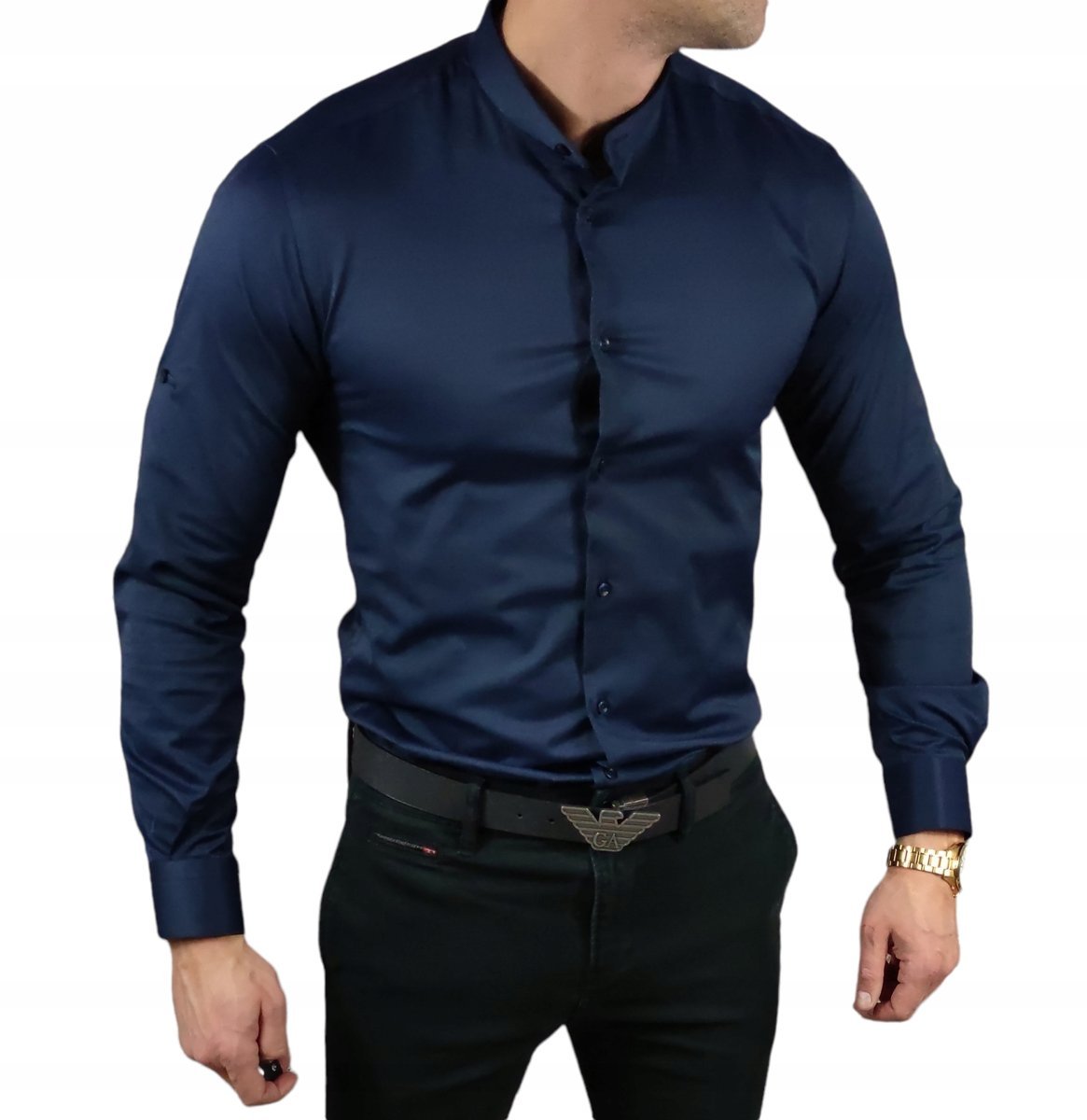 Koszula elegancka ze stójką slim fit granatowa ESP013 - S