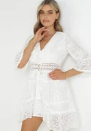 Sukienki - Biała Haftowana Sukienka Mini z Koronką i Przedłużanym Tyłem Azalaya - miniaturka - grafika 1