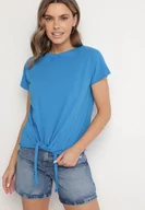 Koszulki i topy damskie - Jasnoniebieski T-shirt z Bawełny z Ozdobnym Wiązaniem Sunitra - miniaturka - grafika 1