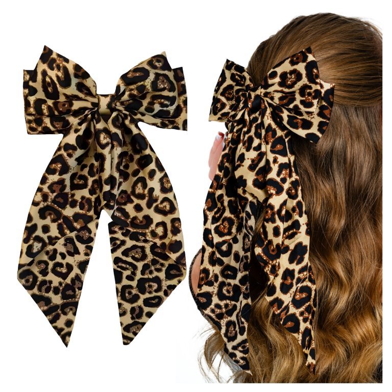Spinka do Włosów z Dużą Kokardą Beżowa w Cętki Panterkę Długa i Efektowna