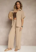 Komplety damskie - Beżowy Komplet z Koszulą z Krótkim Rękawem i Spodniami o Szerokim Kroju Malerienna - miniaturka - grafika 1