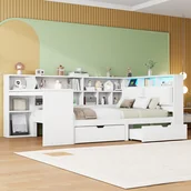 Łóżka dla dzieci i młodzieży - Łóżko platformowe L-kształtne 140x200 z biurkiem, regałem - biało, drewno, LED - miniaturka - grafika 1