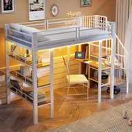 Łóżka dla dzieci i młodzieży - Łóżko piętrowe 90x200 cm - z oświetleniem LED i gniazdkiem elektrycznym - ze schowkami - z półką - białe (materac nie jest wliczony w cenę) - miniaturka - grafika 1