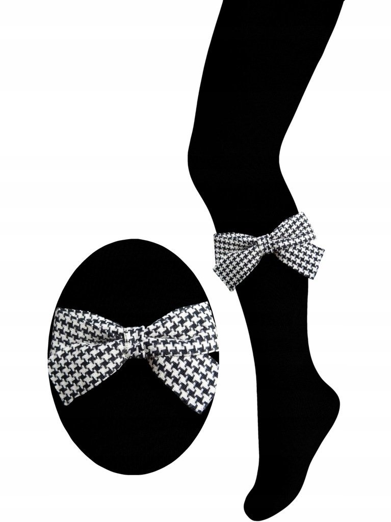 Rajstopy bawełniane czarne kokardki w kratkę 116-122