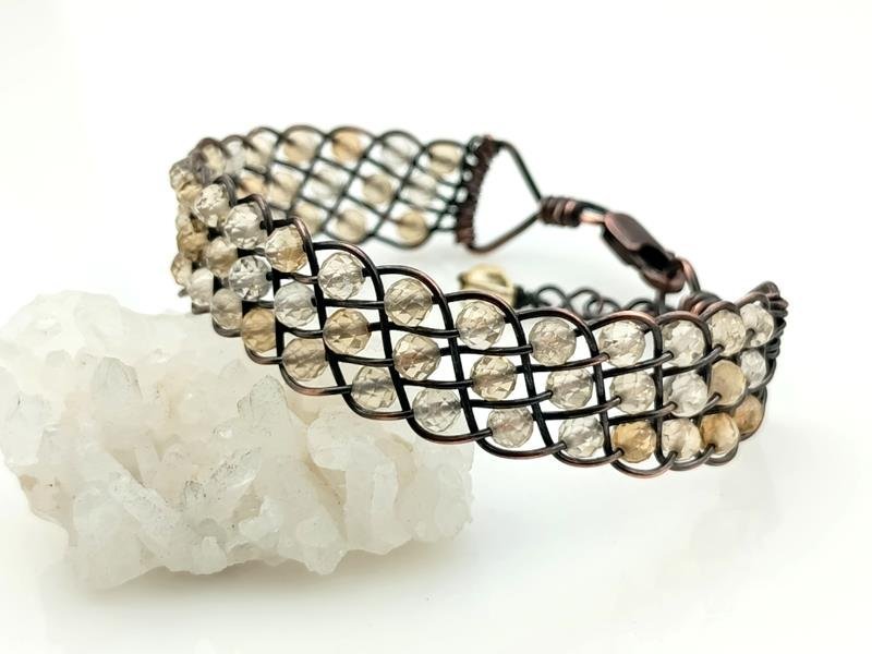 Bransoletka miedziana z kwarcem cytrynowym, splot Kumihimo, obwód 16.5 cm plus 2.5 cm, waga 14 gram, rękodzieło