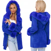 Płaszcze damskie - MIĘCIUTKA ALPAKA Z FUTERKIEM PŁASZCZ Z PASKIEM chabrowy - miniaturka - grafika 1