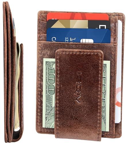 Viosi Klips do pieniędzy, wąski skórzany portfel dla mężczyzn, przednia kieszeń, etui na karty blokujące RFID, z magnesami ziem rzadkich, myśliwy, 10 cm x 7,6 cm x 0,6 cm