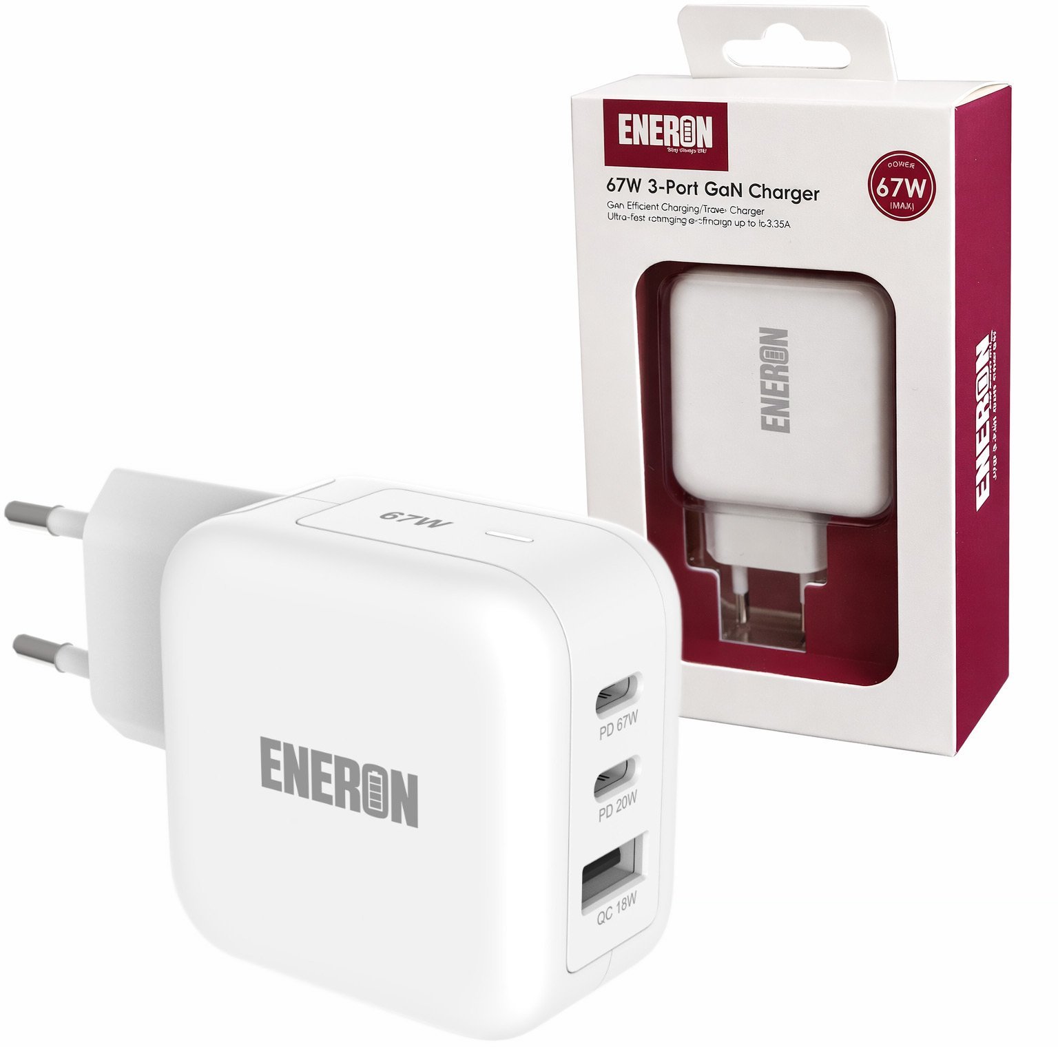 Szybka Ładowarka Sieciowa Eneron GaN 67W SuperFast 2xUSB-C 1xUSB-A PD type-C MOCNA