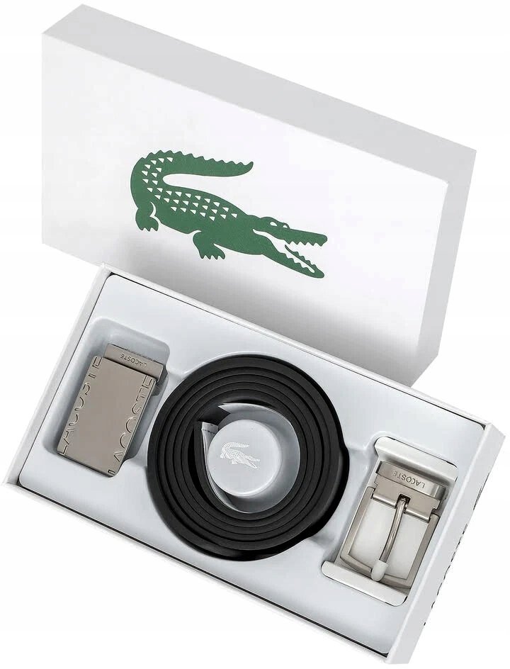 ZESTAW 4W1 PASEK MĘSKI LACOSTE SKÓRA DWUSTRONNY CZARNY SZARY GIFTBOX