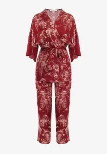 Piżamy damskie - Bordowy Wiskozowy Komplet Piżamowy z Kwiatowym Wzorem i Koronką Majtki Top i Szlafrok Belviana - grafika 1