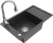 Zlewozmywaki z baterią - Mexen Elias zlewozmywak granitowy 1-komorowy z ociekaczem i baterią kuchenną Savita, czarny nakrapiany - 6511-76-672601-00 - miniaturka - grafika 1