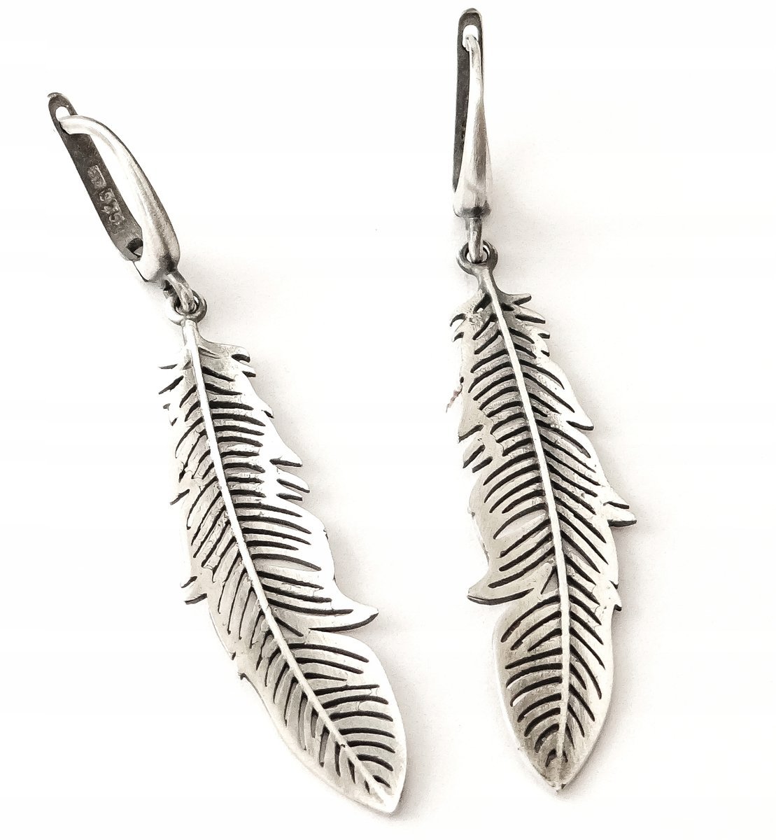 Kolczyki srebrne długie ażurowe pióra,boho srebro925 satyna dla kobiet