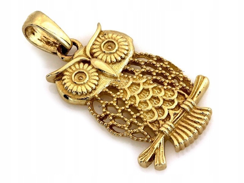 Elegancki wisiorek złoty 585 błyszcząca ażurowa sowa na łańcuszek 1.20g