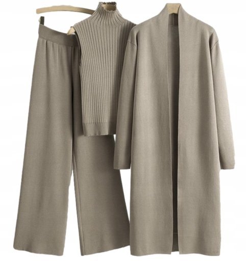 KOBIECY 3-CZĘŚCIOWY ZESTAW TOP Z GOLFEM KARDIGAN SPODNIE DZIANINOWE BEŻ