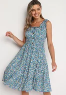 Sukienki - Niebieska Rozkloszowana Sukienka z Bawełny Wykończona Gumką w Talii Nelaris - miniaturka - grafika 1
