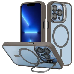 Etui Cadorabo do Apple iPhone 13 PRO w kolorze GREY kompatybilne z MagSafe i funkcją podstawki wraz z ochroną obiektywu aparatu - Hybrydowe etui ochronne z silikonową krawędzią TPU i wytrzymałym tyłem - Etui i futerały do telefonów - miniaturka - grafika 1