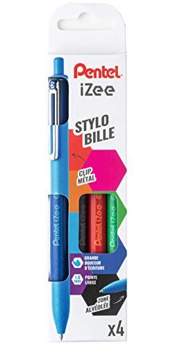 Pentel IZee długopis wysuwany, z metalowym klipsem Pochette de 4, czarny/niebieski/czerwony/zielony