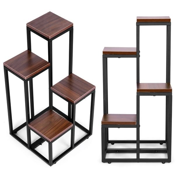 Kwietnik Regał Na Kwiaty Ozdoby 4 Półki Metal Mdf Ciemny Orzech Modernhome