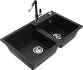 Zlewozmywaki z baterią - Mexen Tomas zlewozmywak granitowy 2-komorowy z baterią kuchenną Flora, czarny - 6516-77-670401-07 - miniaturka - grafika 1
