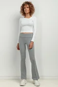 Spodnie sportowe damskie - Spodnie dzwony z dzianiny dresowej z kantem, T414, jasnoszare - miniaturka - grafika 1