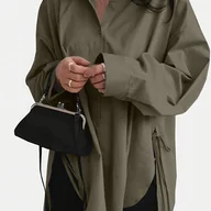 Koszule damskie - TEMU Bluzka Damska Casual z Wiązaniem na Przód i Rozcięciem - Luźny Krój, Długi Rękaw, Jednokolorowa Koszula z Guzikami, Nieprześwitująca Tkanina do - miniaturka - grafika 1