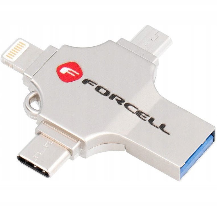 Pendrive 128GB USB 3.2 Gen 1 USB A / USB C / Lightning / Micro USB Forcell F-Data Metal Quad srebrny