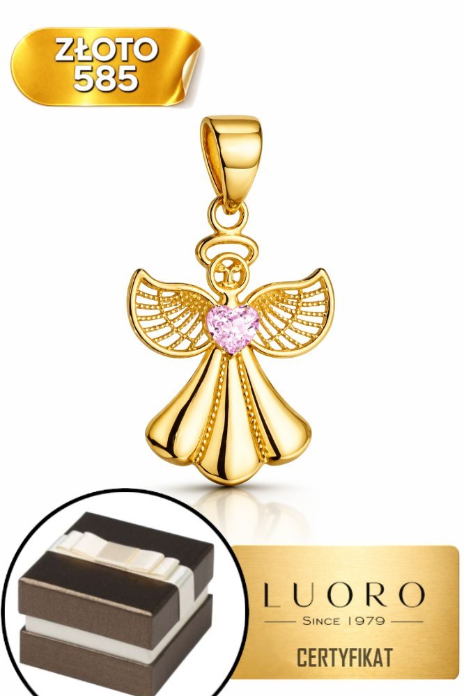 ZAWIESZKA ZŁOTA 585 14K ANIOŁEK Z RÓŻOWYM SERDUSZKIEM 19 MM ELEGANCKA